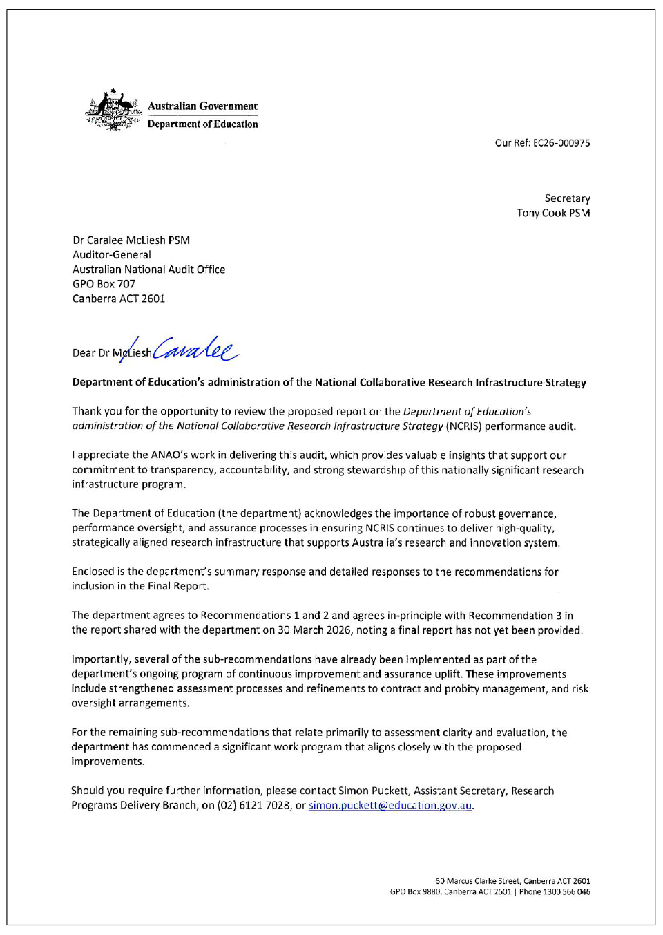 Page one of the response from Department of Education. A summary of the response can be found in the summary and recommendations chapter.