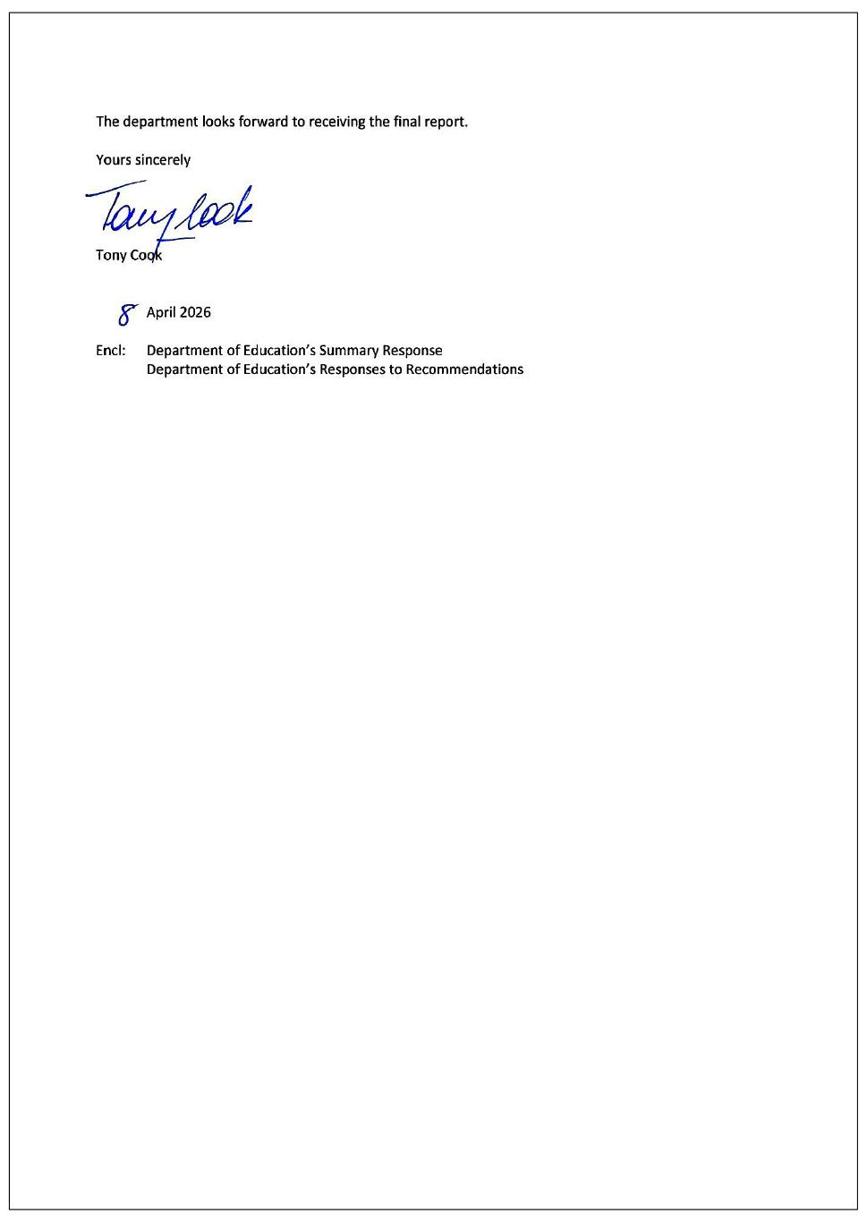 Page two of the response from Department of Education. A summary of the response can be found in the summary and recommendations chapter.