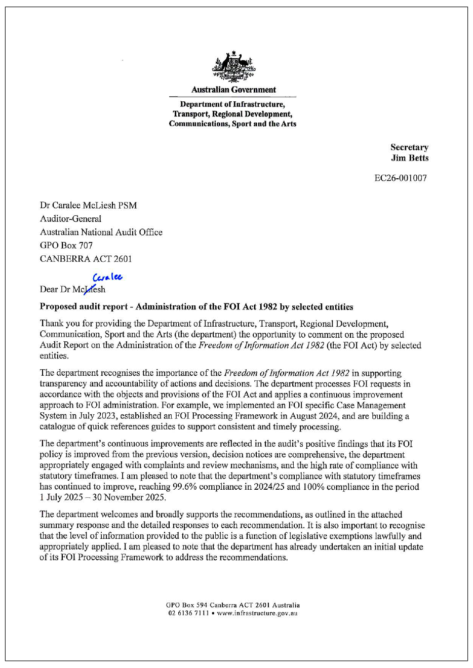 Page one of the response from DITRDCSA. A summary of the response can be found in the summary and recommendations chapter.