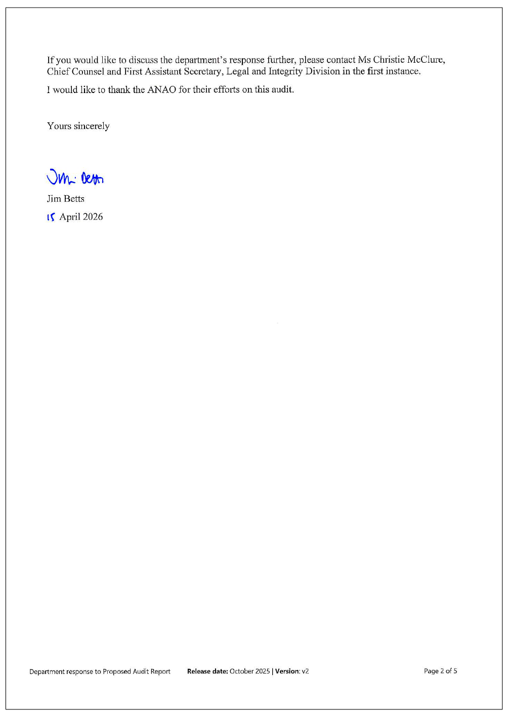 Page two of the response from DITRDCSA. A summary of the response can be found in the summary and recommendations chapter.