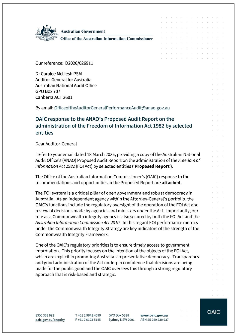 Page one of the response from OAIC. A summary of the response can be found in the summary and recommendations chapter.