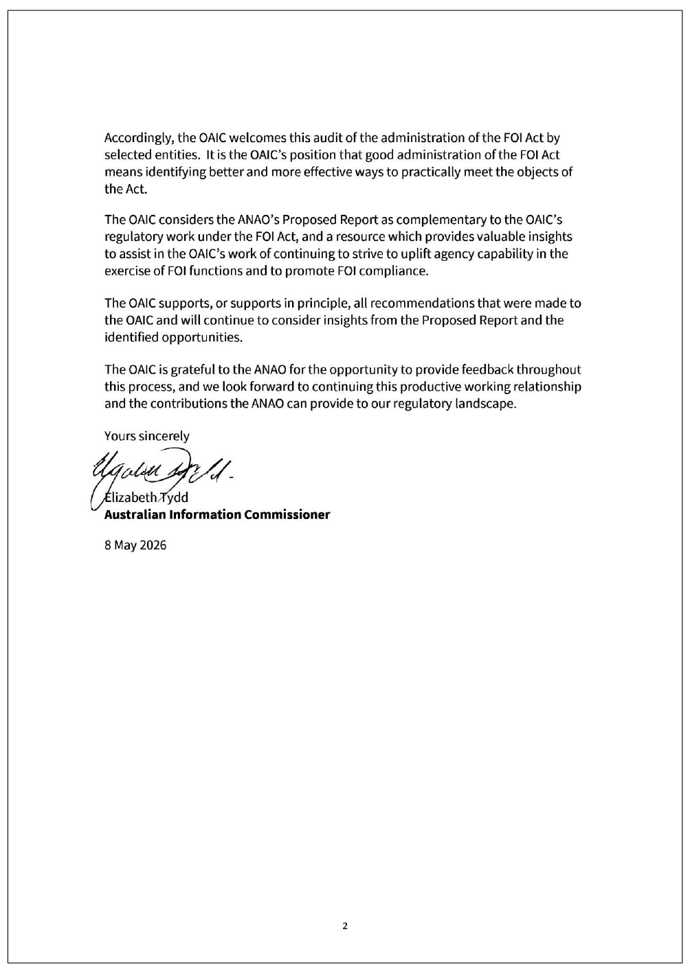 Page two of the response from OAIC. A summary of the response can be found in the summary and recommendations chapter.