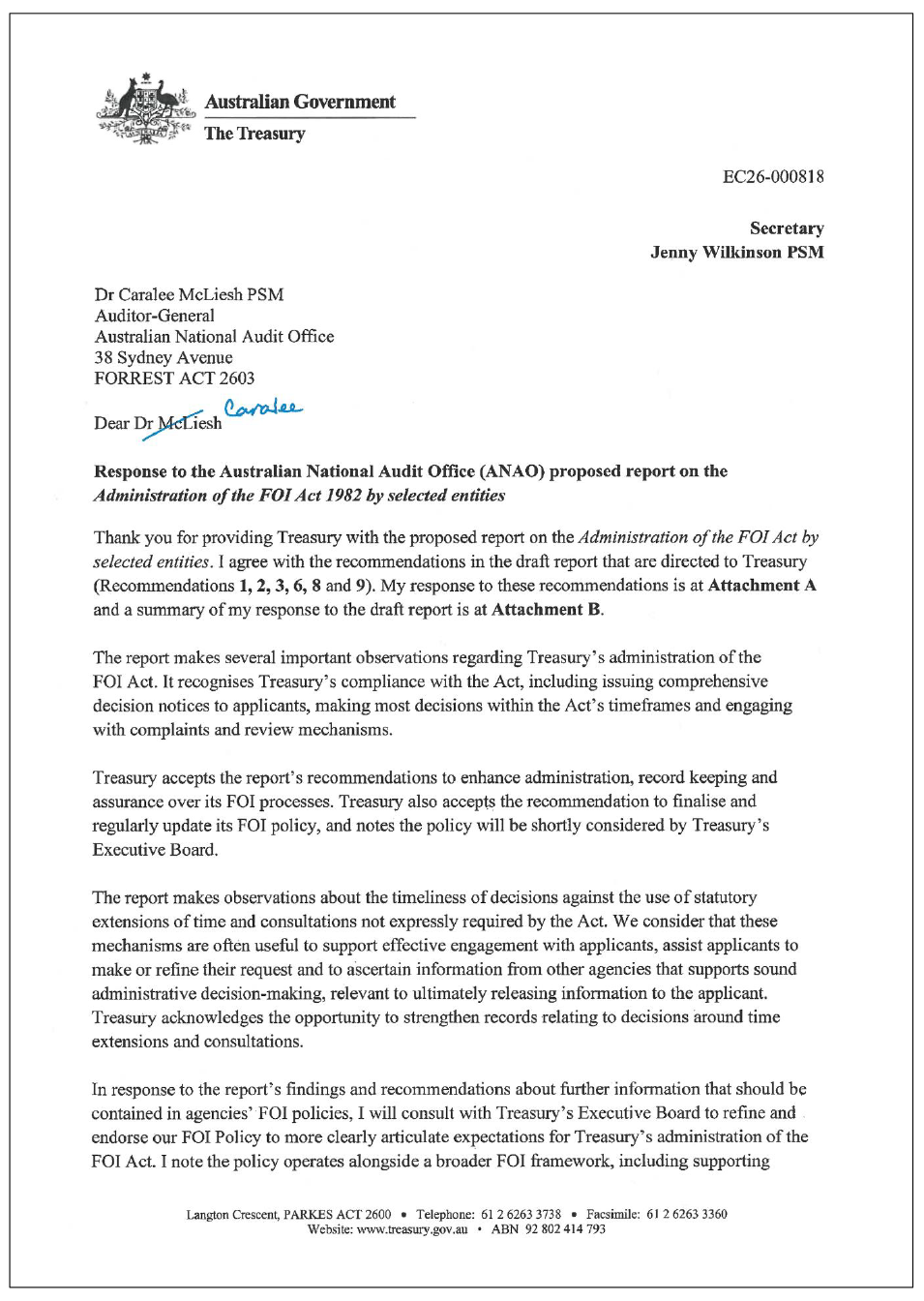 Page one of the response from the Treasury. A summary of the response can be found in the summary and recommendations chapter.