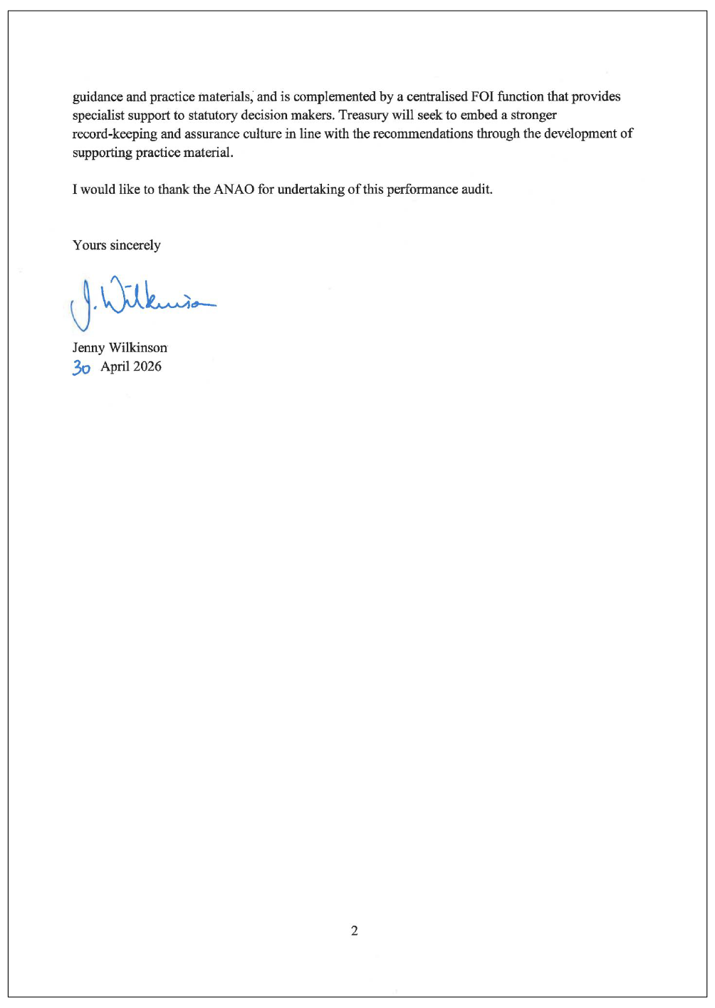 Page two of the response from the Treasury. A summary of the response can be found in the summary and recommendations chapter.
