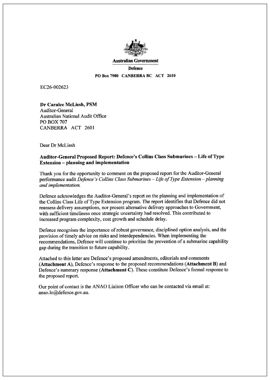 Page one of the response from Defence. A summary of the response can be found in the summary and recommendations chapter.