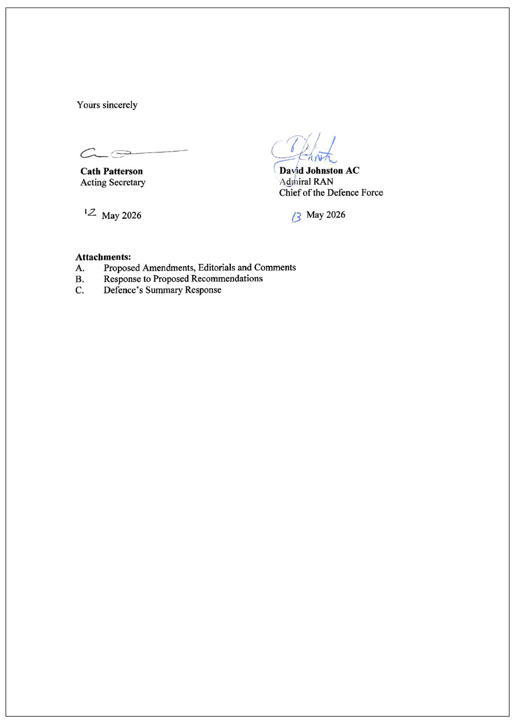 Page two of the response from Defence. A summary of the response can be found in the summary and recommendations chapter.