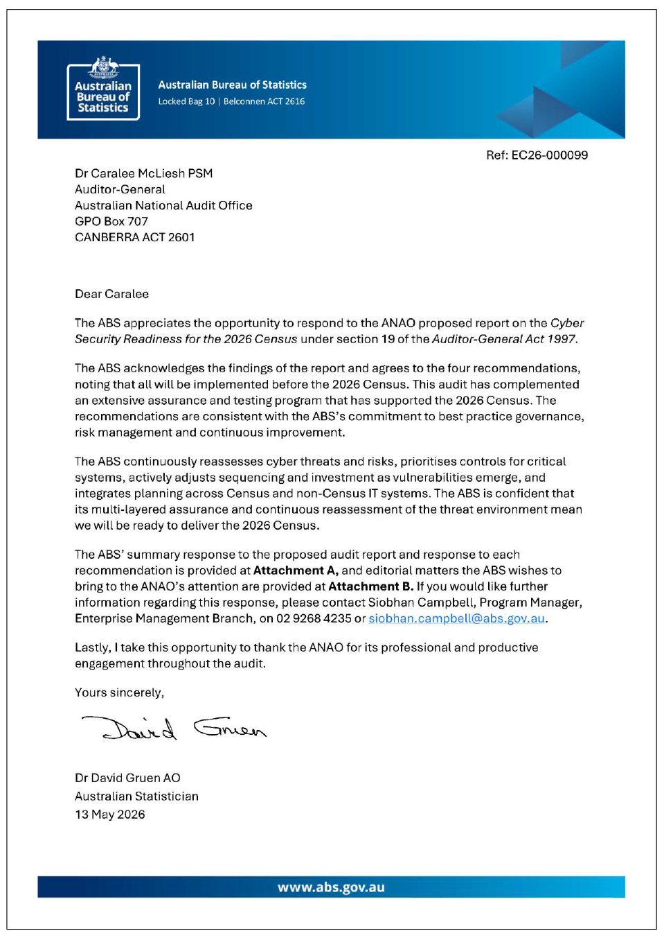 Page one of the response from ABS. A summary of the response can be found in the summary and recommendations chapter.