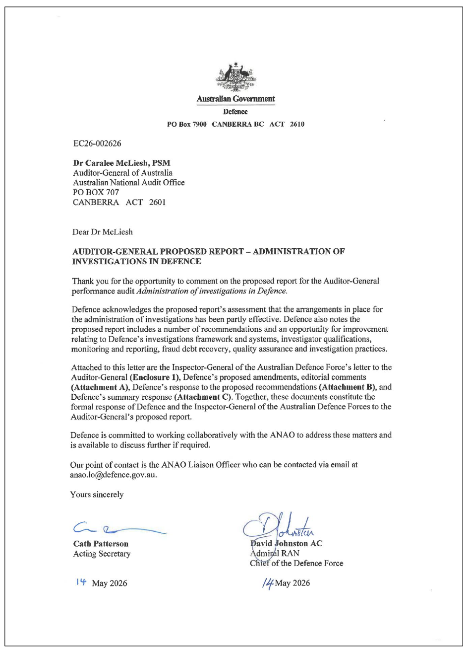 Page one of the response from Defence. A summary of the response can be found in the summary and recommendations chapter.