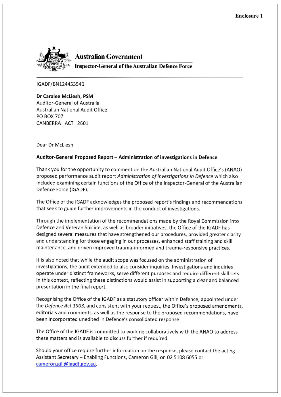 Page one of the response from ADF. A summary of the response can be found in the summary and recommendations chapter.