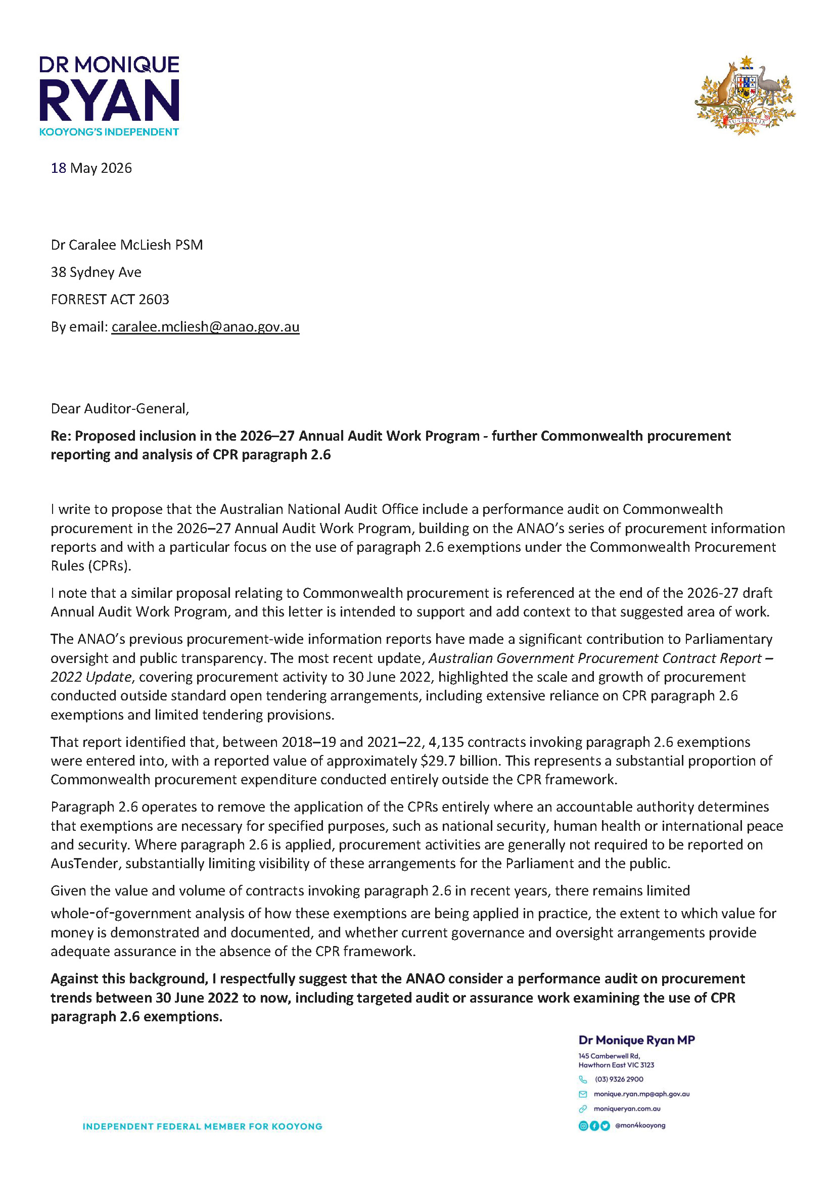 Correspondence from Dr Monique Ryan MP page 1