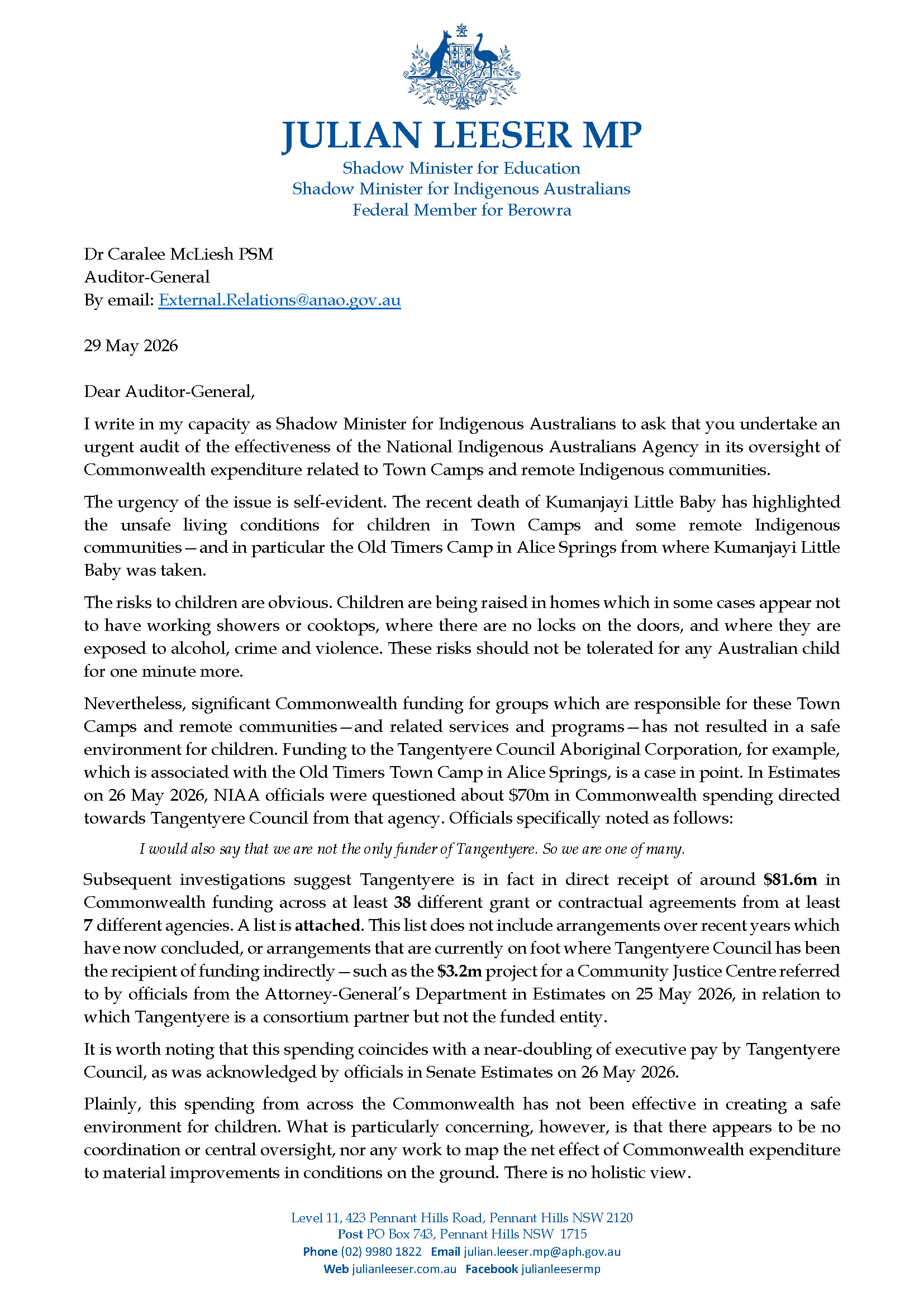 Page 1 - Correspondence from Julian Leeser MP