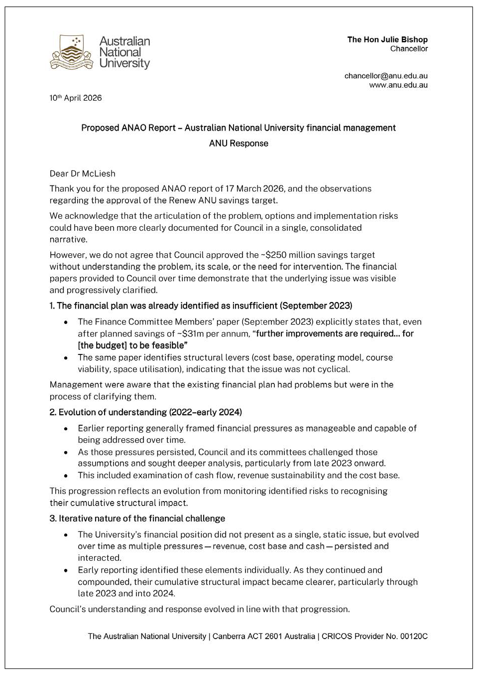 Page one of the response from ANU. A summary of the response can be found in the summary and recommendations chapter.