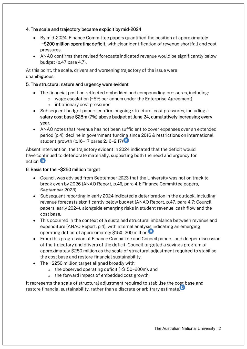 Page two of the response from ANU. A summary of the response can be found in the summary and recommendations chapter.