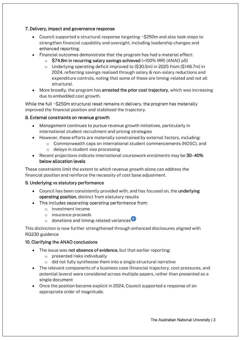 Page three of the response from ANU. A summary of the response can be found in the summary and recommendations chapter.