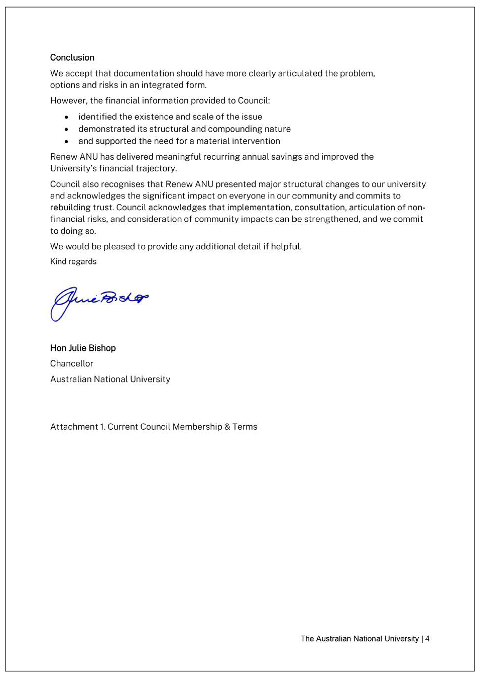 Page four of the response from ANU. A summary of the response can be found in the summary and recommendations chapter.