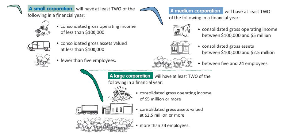 A figure that outlines the characteristics that determine the classification of small, medium and large corporations including the level of gross operating income, the value of gross assets and the number of employees. 