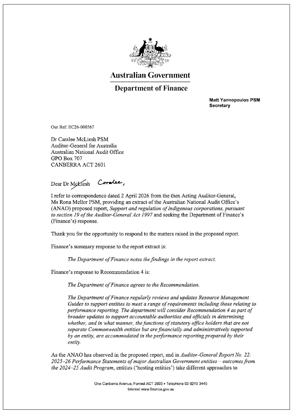 Page one of the response from Finance. A summary of the response can be found in the summary and recommendations chapter.