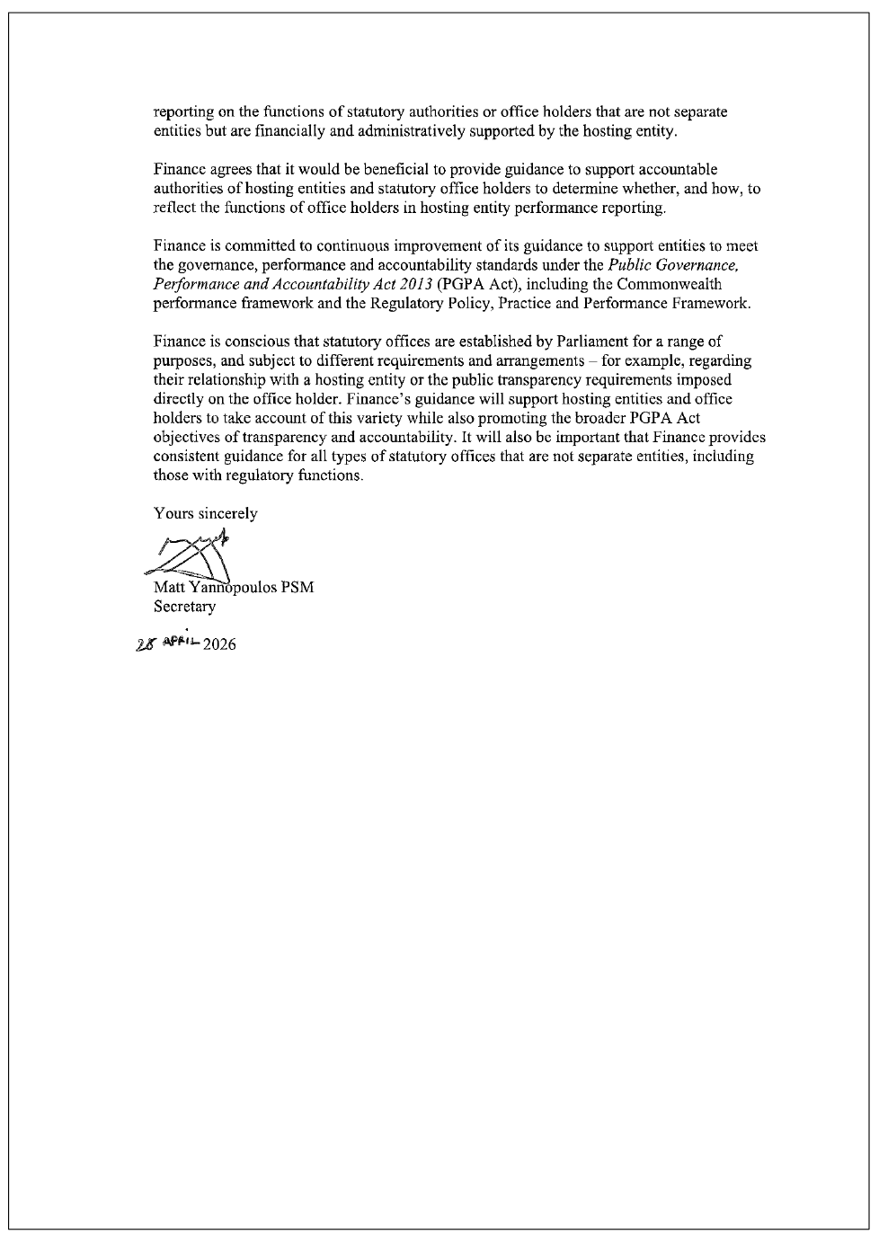 Page two of the response from Finance. A summary of the response can be found in the summary and recommendations chapter.