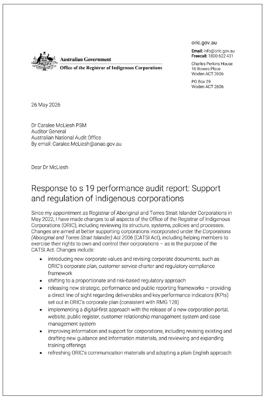 Page one of the response from ORIC. A summary of the response can be found in the summary and recommendations chapter.