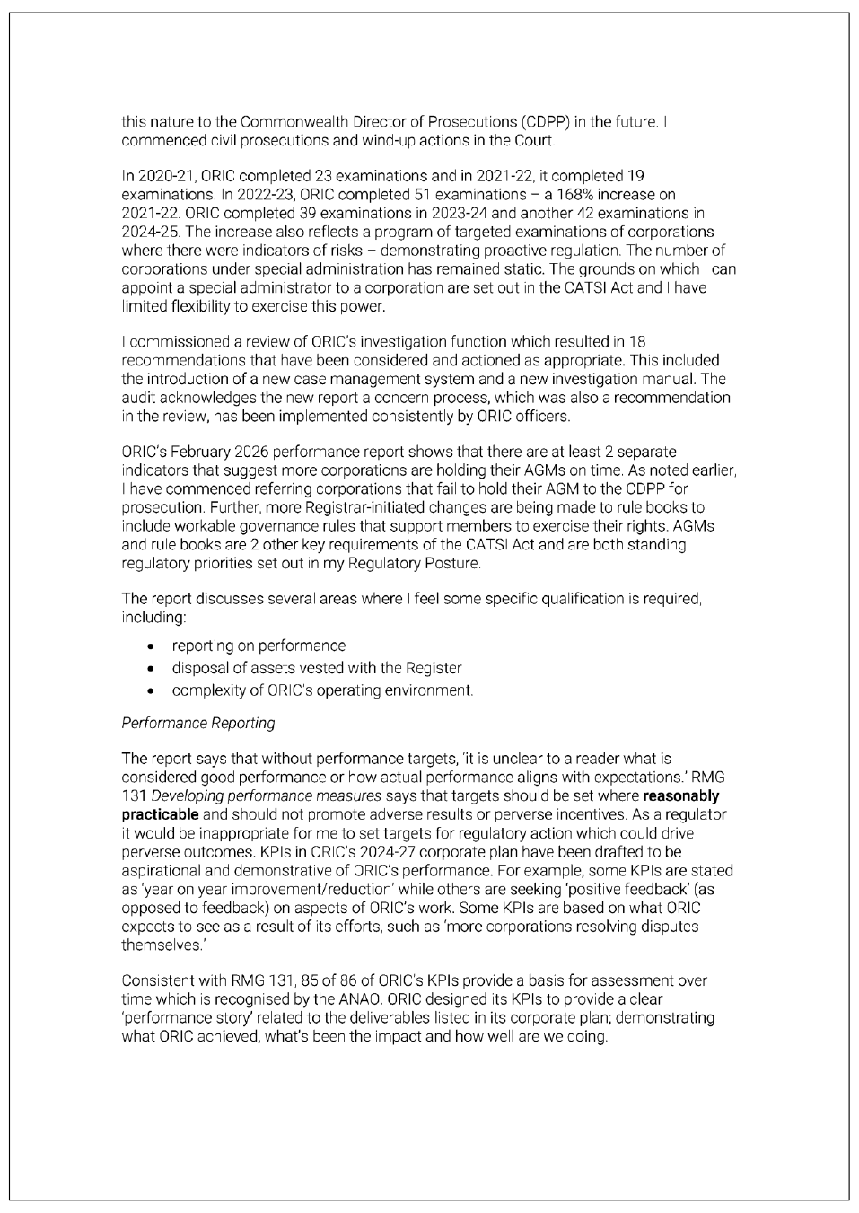 Page three of the response from ORIC. A summary of the response can be found in the summary and recommendations chapter.