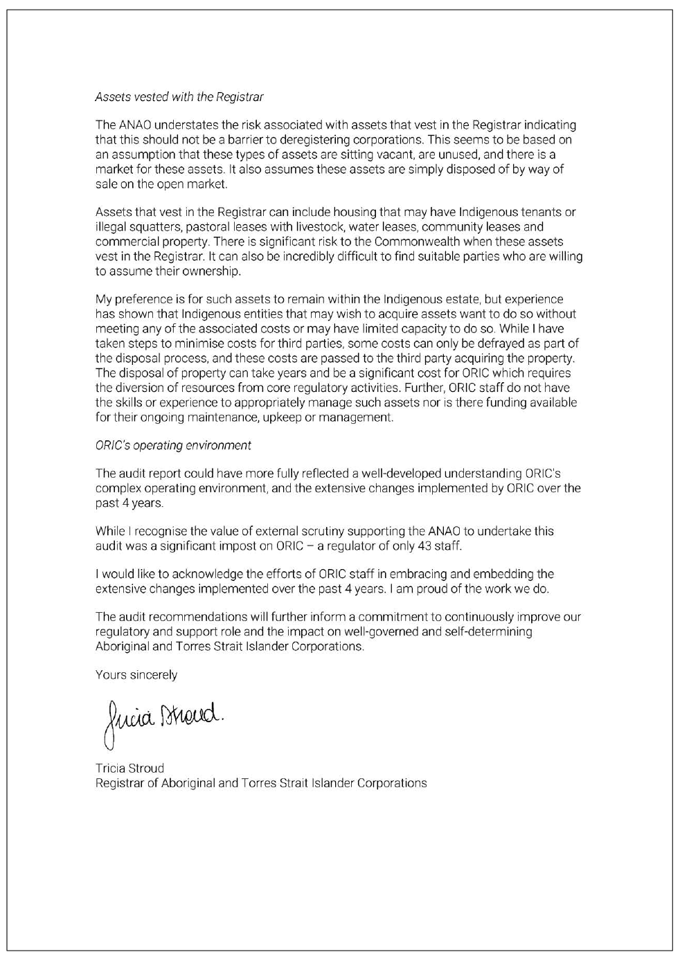 Page four of the response from ORIC. A summary of the response can be found in the summary and recommendations chapter.