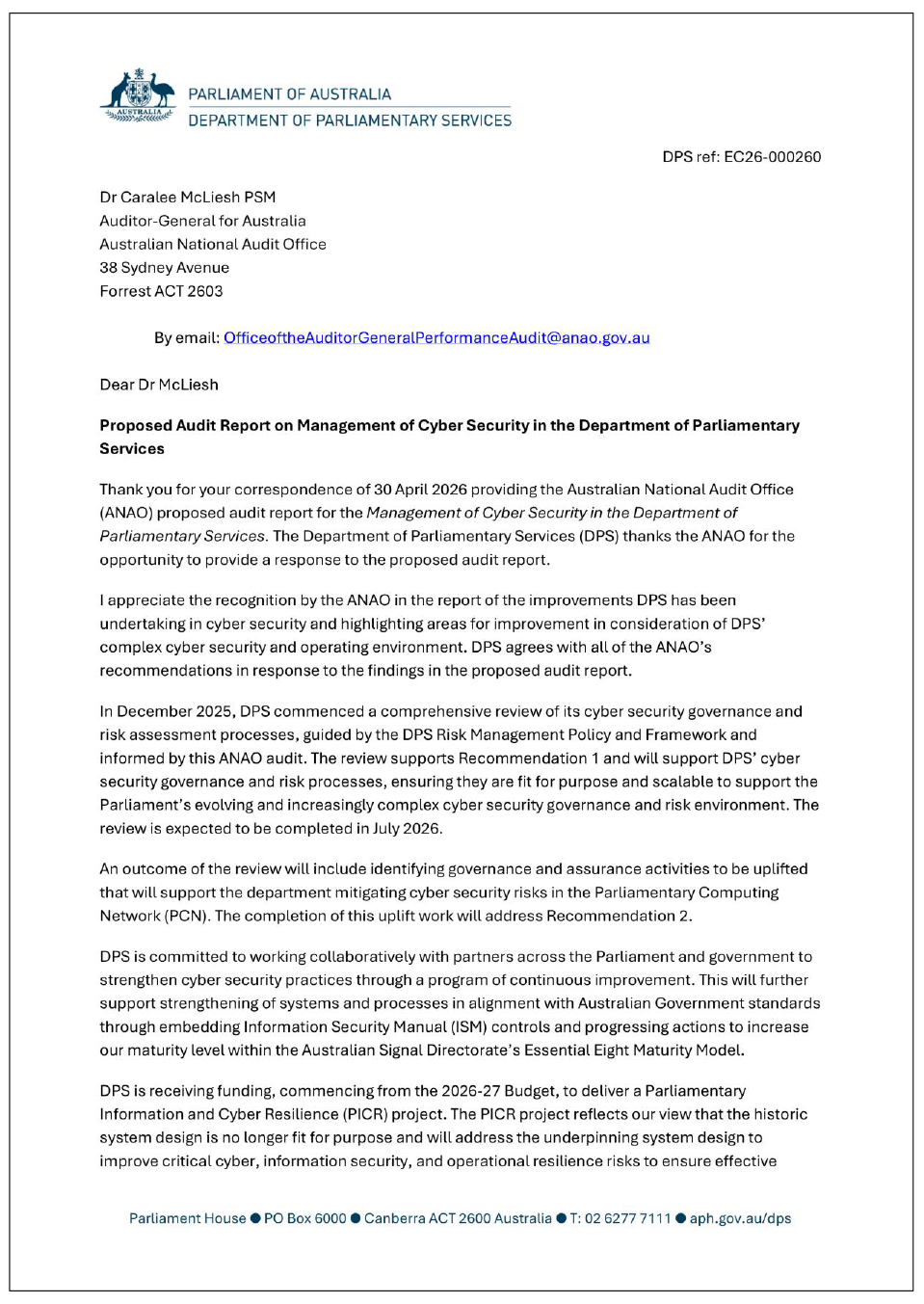 Page one of the response from DPS. A summary of the response can be found in the summary and recommendations chapter.