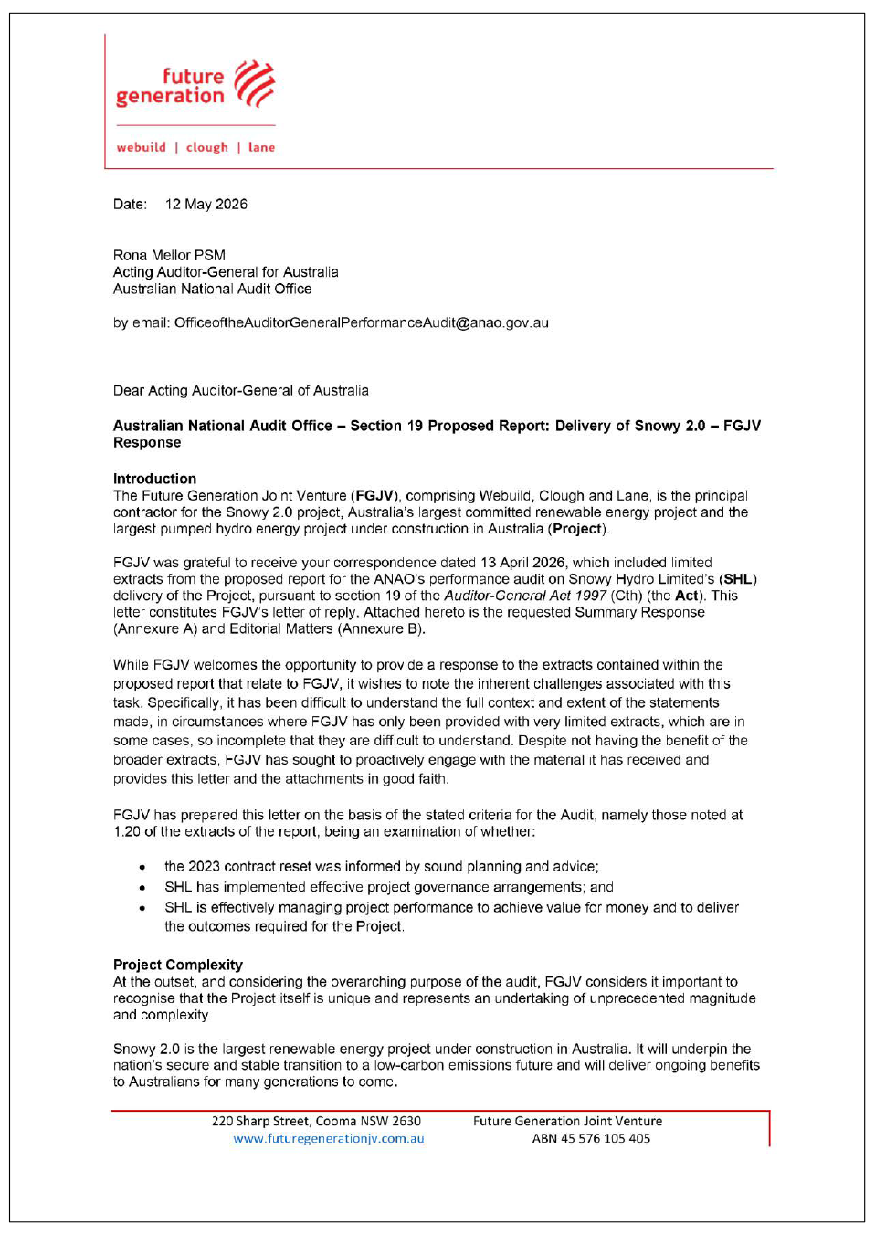 Page one of the response from FGJV. A summary of the response can be found in the summary and recommendations chapter.