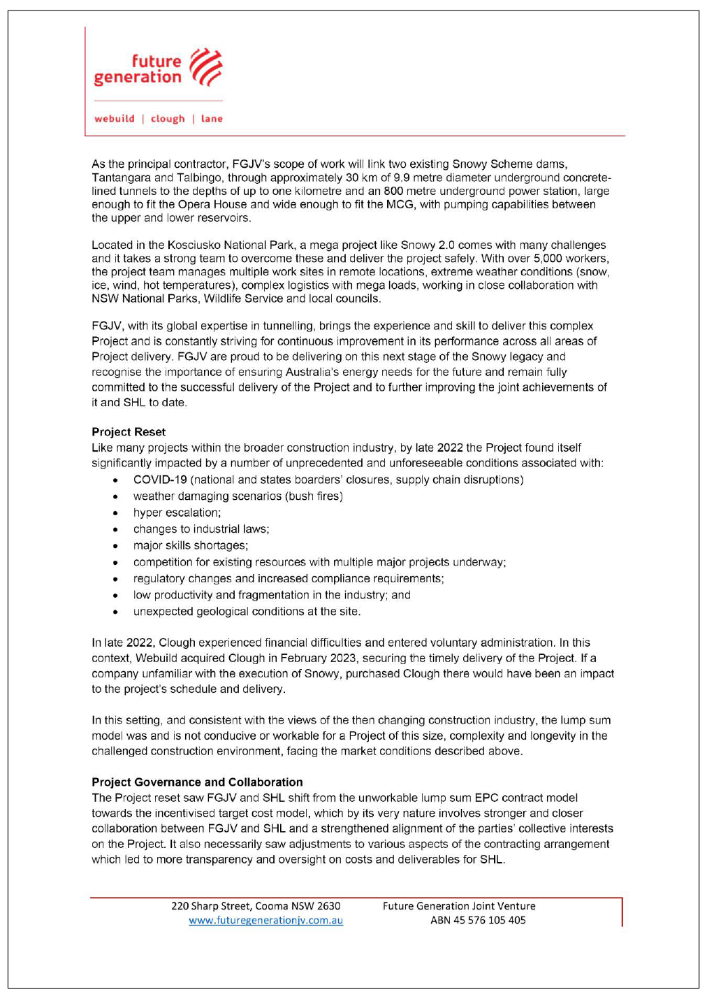 Page two of the response from FGJV. A summary of the response can be found in the summary and recommendations chapter.