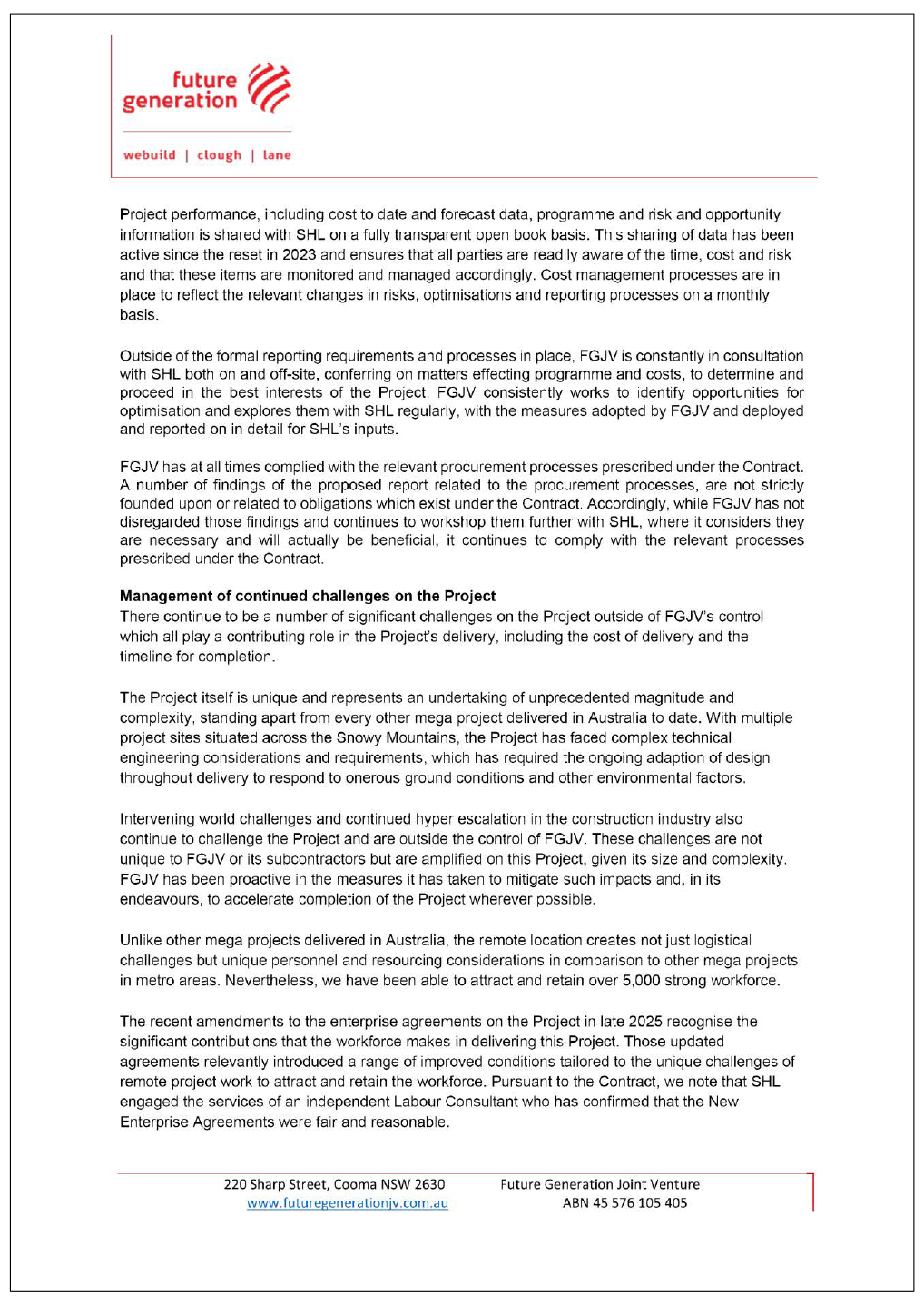 Page three of the response from FGJV. A summary of the response can be found in the summary and recommendations chapter.