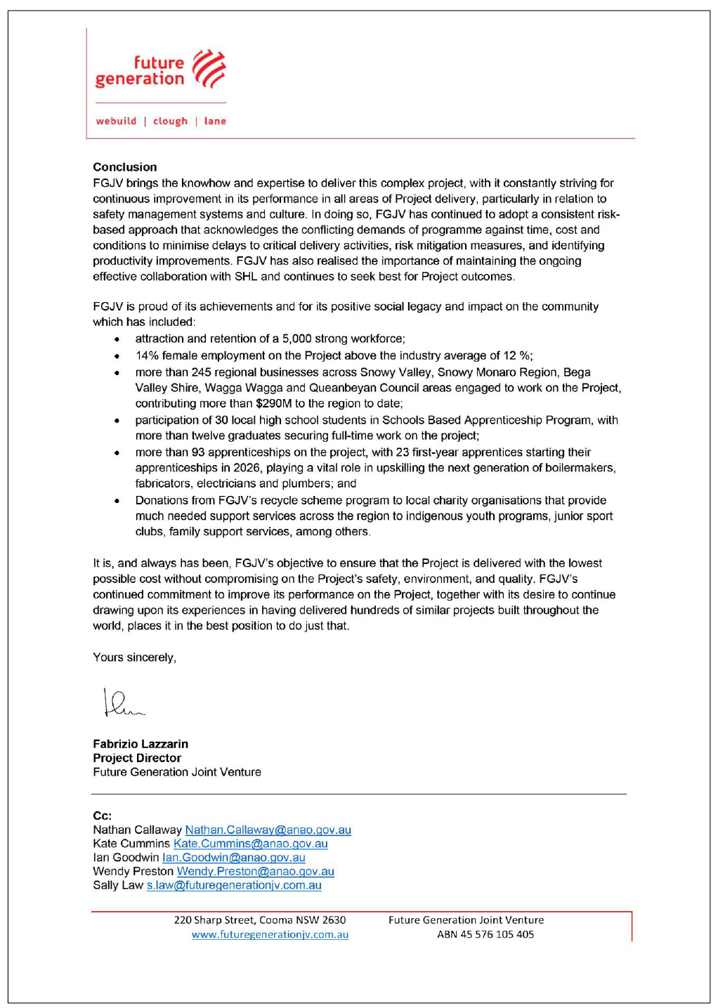 Page four of the response from FGJV. A summary of the response can be found in the summary and recommendations chapter.