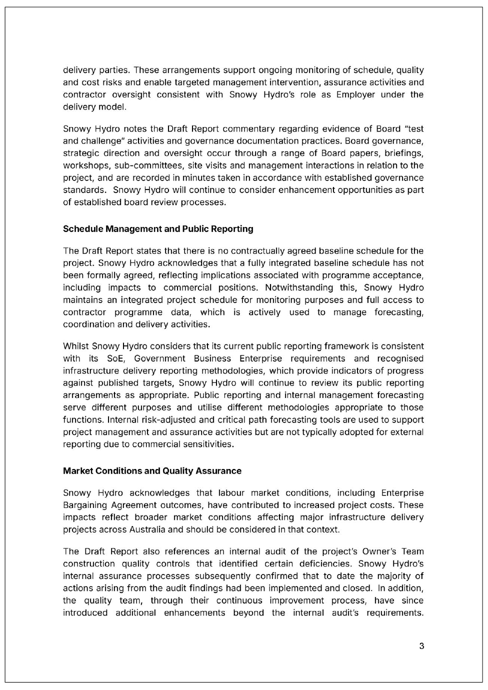 Page three of the response from Snowy Hydro. A summary of the response can be found in the summary and recommendations chapter.