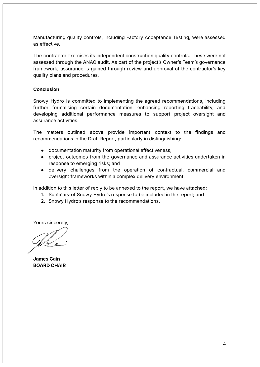 Page four of the response from Snowy Hydro. A summary of the response can be found in the summary and recommendations chapter.