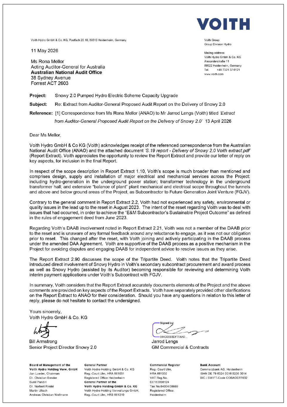 Page one of the response from VOITH. A summary of the response can be found in the summary and recommendations chapter.