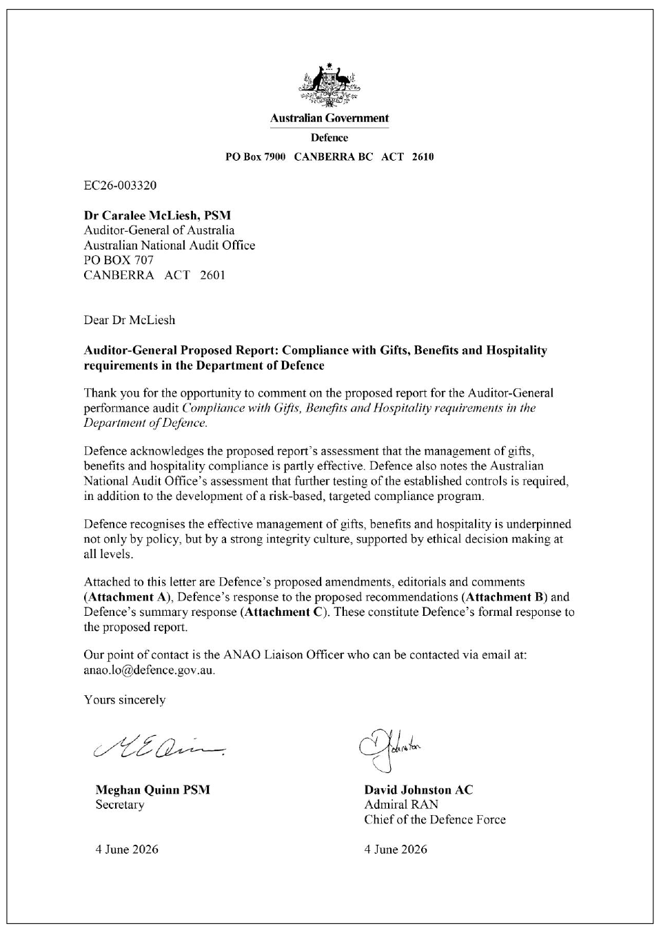 Page one of the response from Defence. A summary of the response can be found in the summary and recommendations chapter.