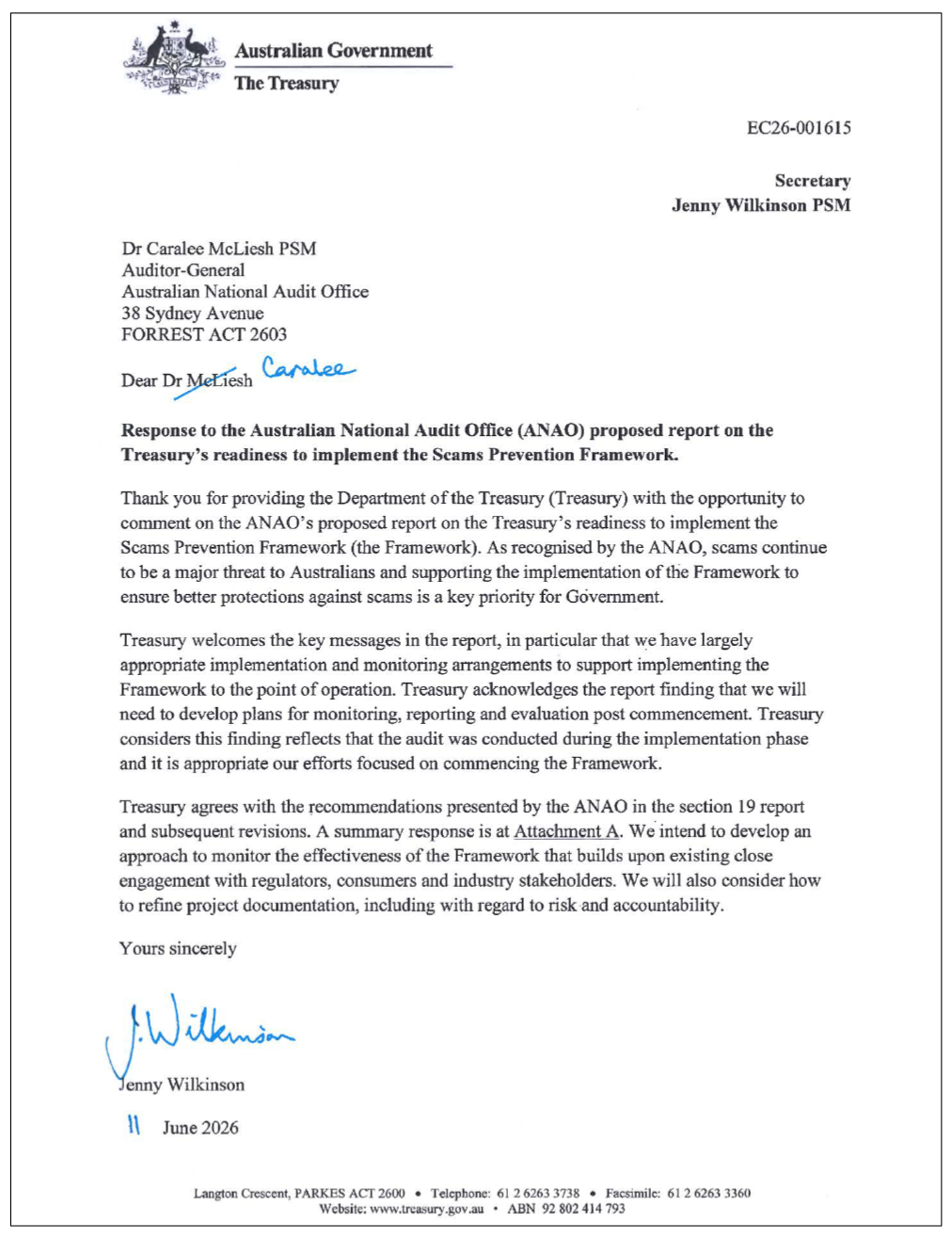 Page one of the response from Treasury. A summary of the response can be found in the summary and recommendations chapter.