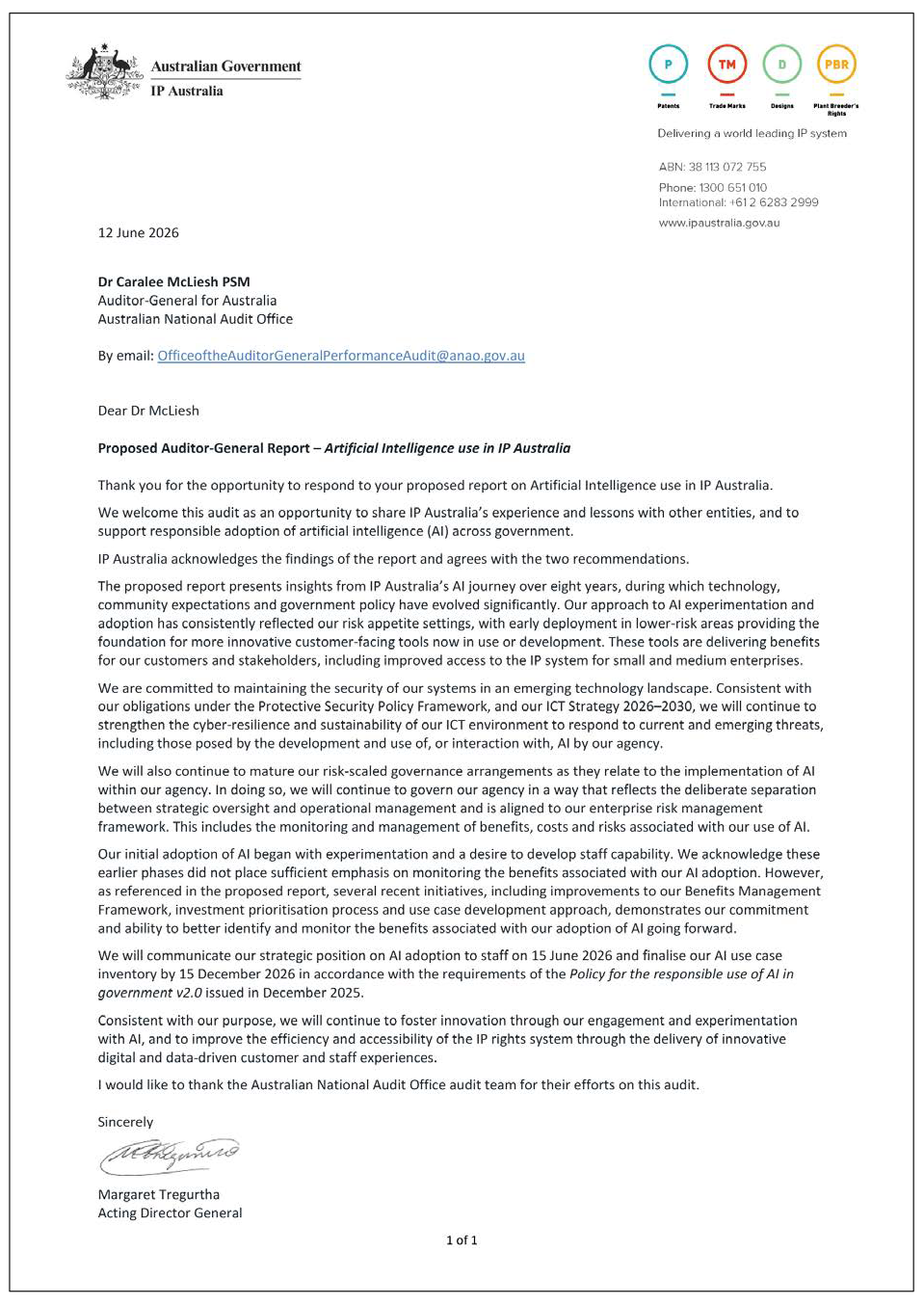 Page one of the response from IP Australia. A summary of the response can be found in the summary and recommendations chapter.