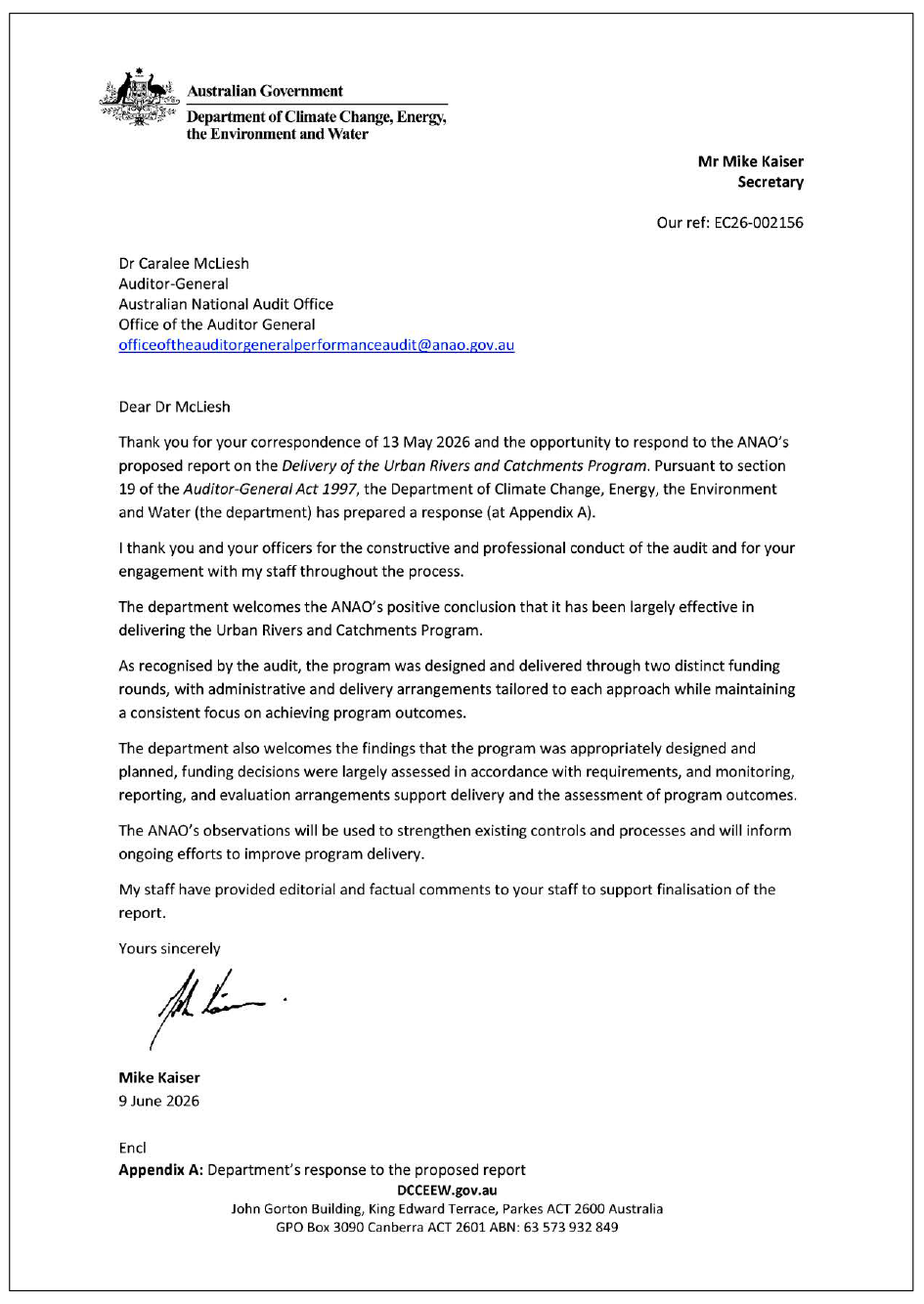 Page one of the response from DCCEEW. A summary of the response can be found in the summary and recommendations chapter.
