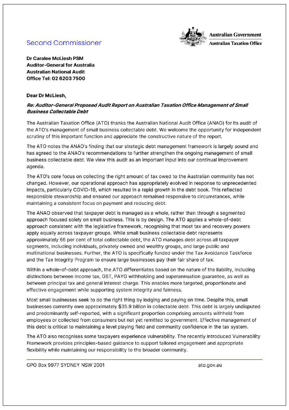 Page one of the response from the ATO. A summary of the response can be found in the summary and recommendations chapter.