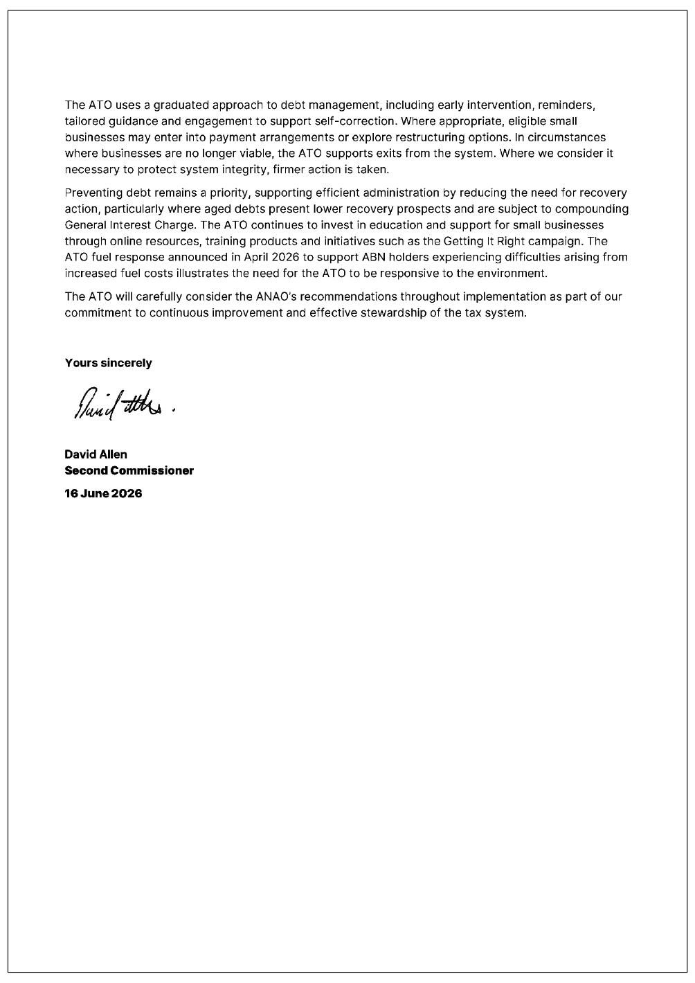 Page two of the response from the ATO. A summary of the response can be found in the summary and recommendations chapter.