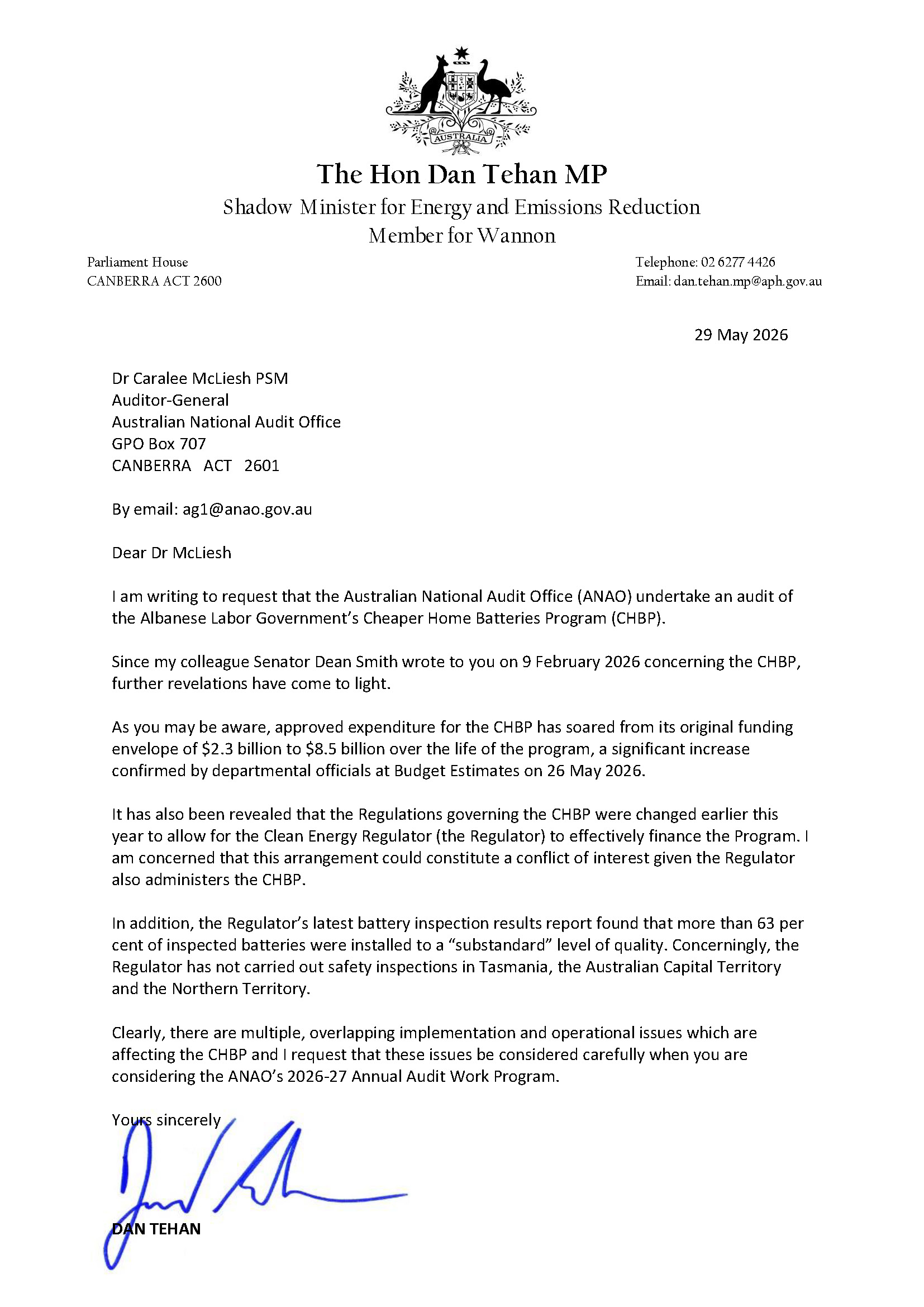 Correspondence from the Hon Dan Tehan