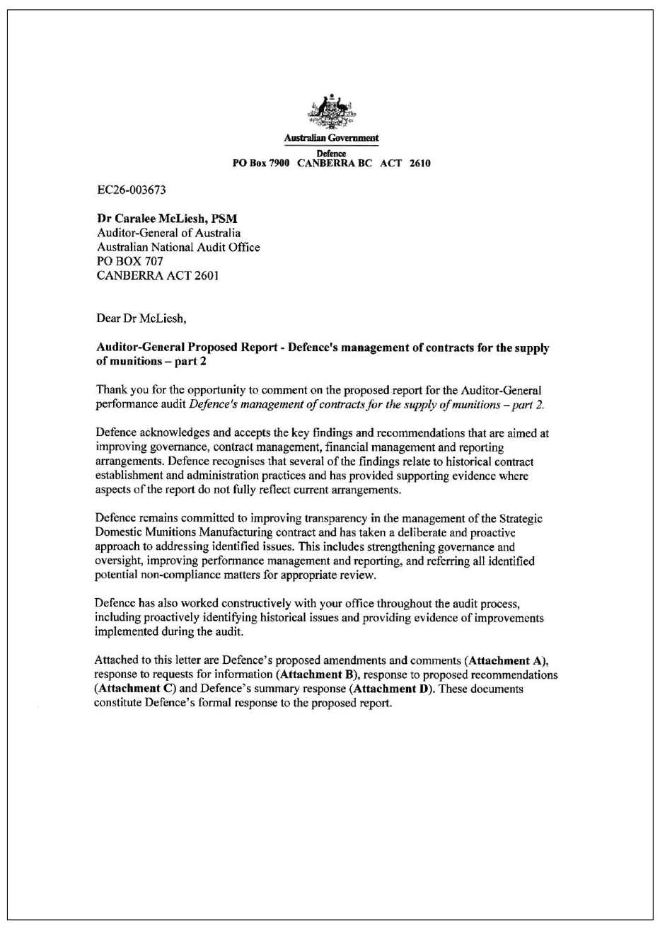 Page one of the response from the Defence. A summary of the response can be found in the summary and recommendations chapter.