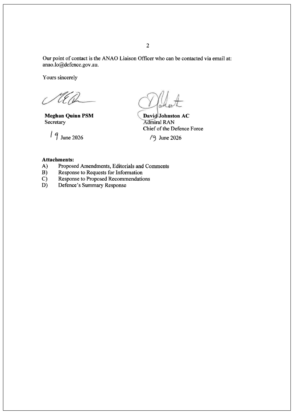 Page two of the response from the Defence. A summary of the response can be found in the summary and recommendations chapter.