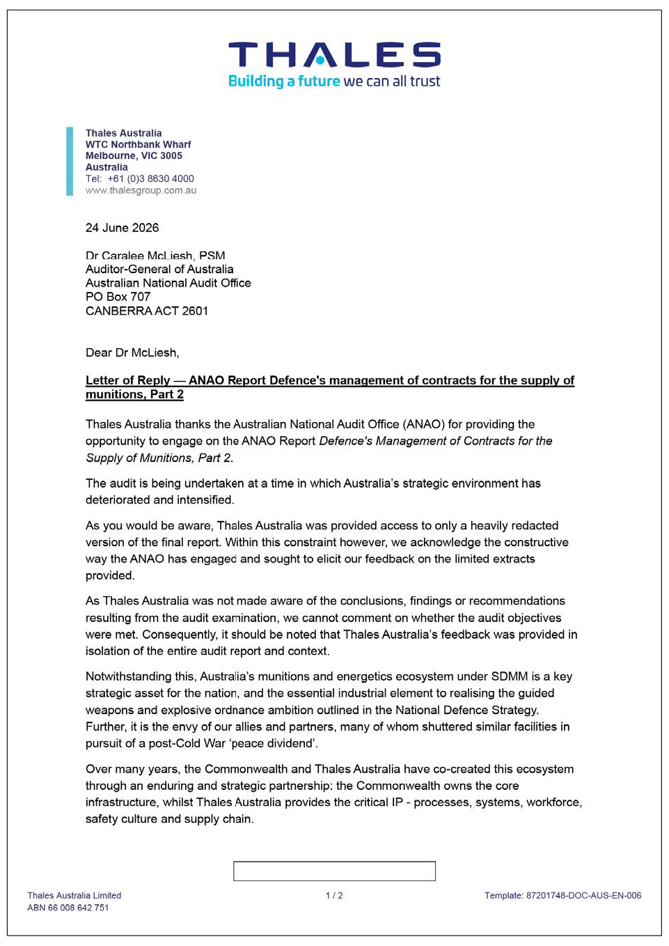 Page one of the response from the Thales. A summary of the response can be found in the summary and recommendations chapter.