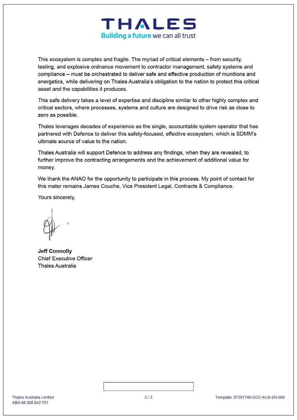 Page two of the response from the Thales. A summary of the response can be found in the summary and recommendations chapter.