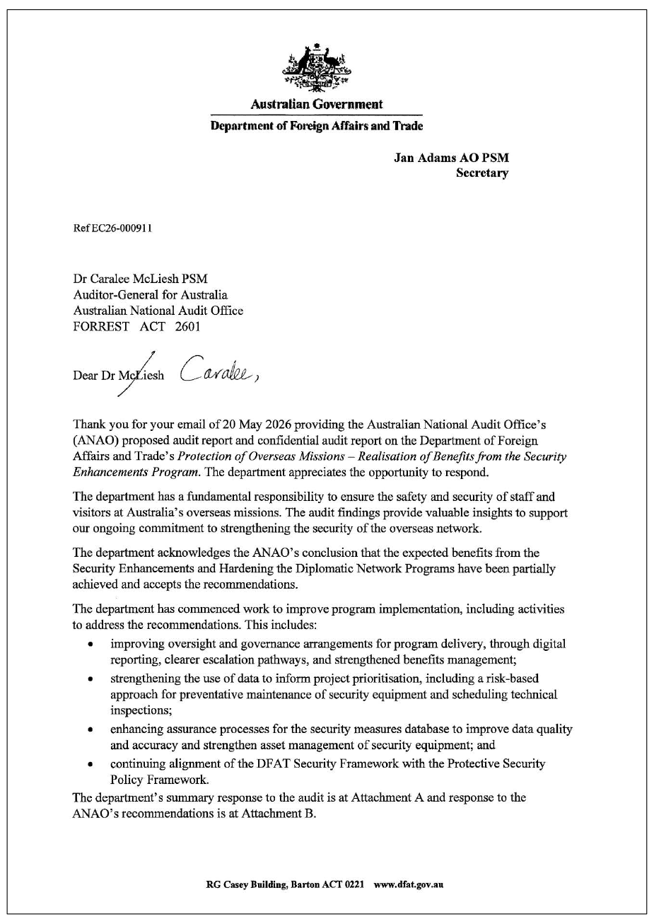 Page one of the response from the DFAT. A summary of the response can be found in the summary and recommendations chapter.