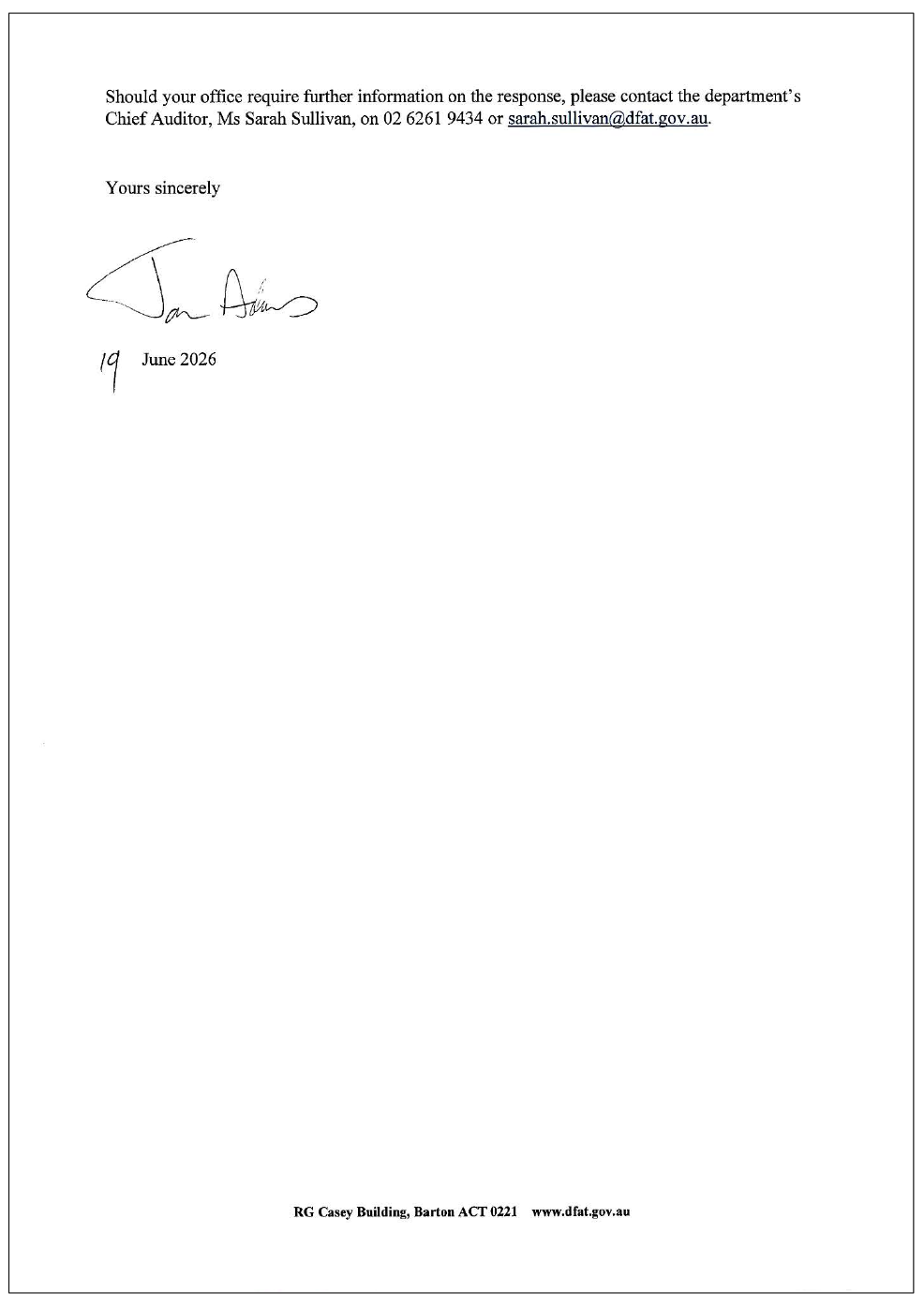 Page two of the response from the DFAT. A summary of the response can be found in the summary and recommendations chapter.