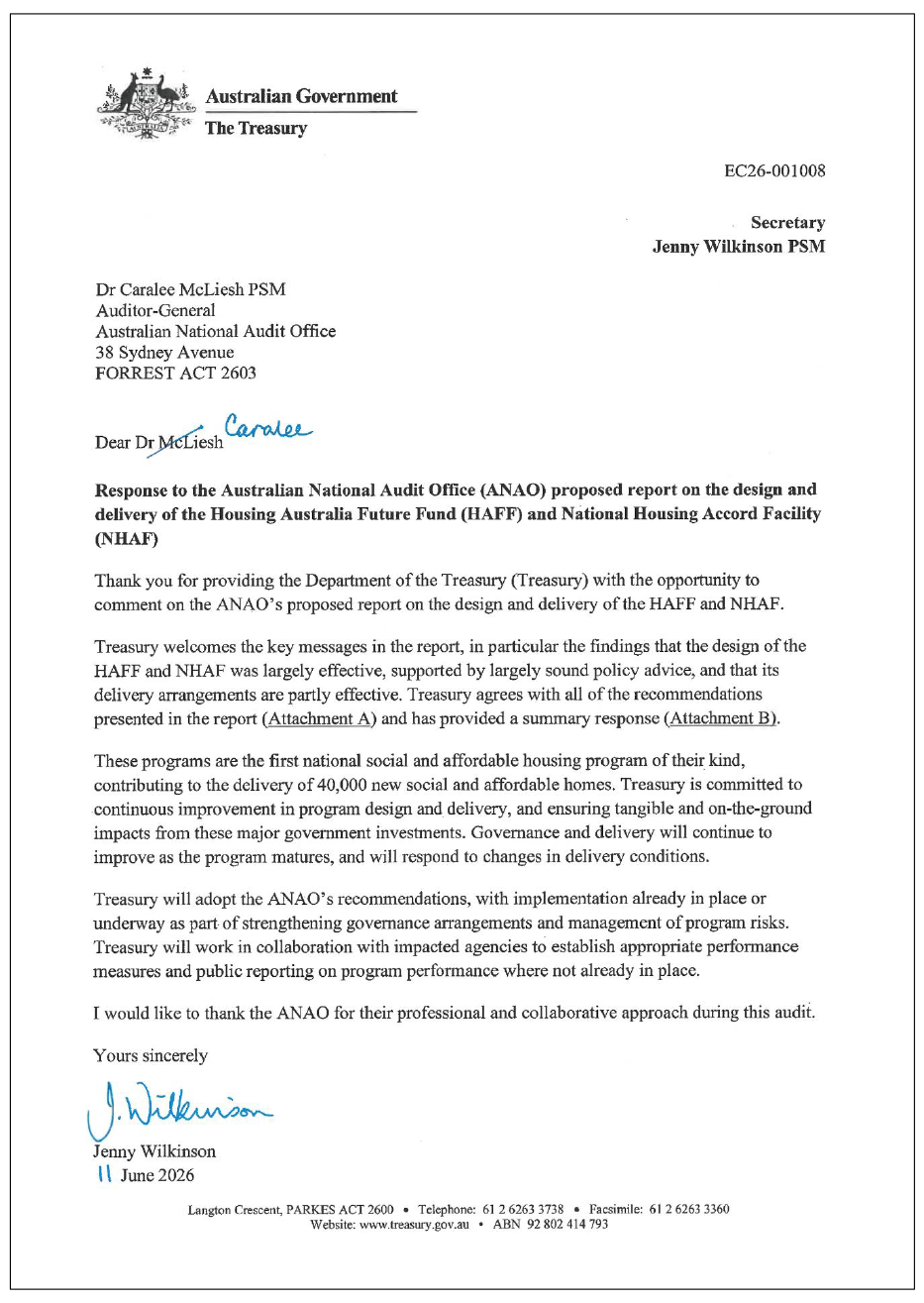 Page one of the response from the Treasury. A summary of the response can be found in the summary and recommendations chapter.