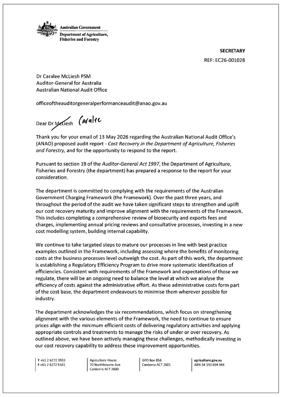 Page one of the response from the DAFF. A summary of the response can be found in the summary and recommendations chapter.
