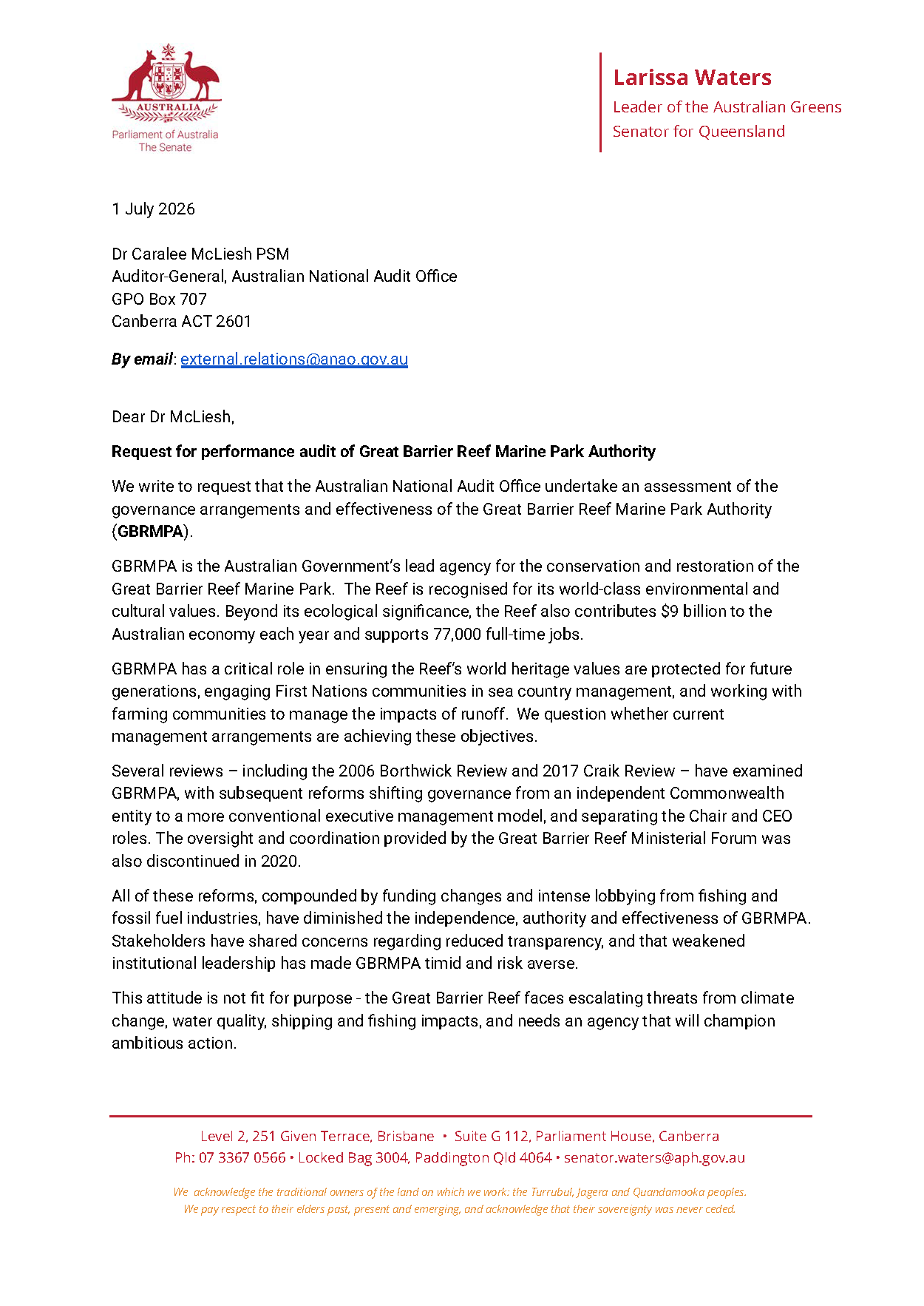 Correspondence from Senator Larissa Waters - page 1