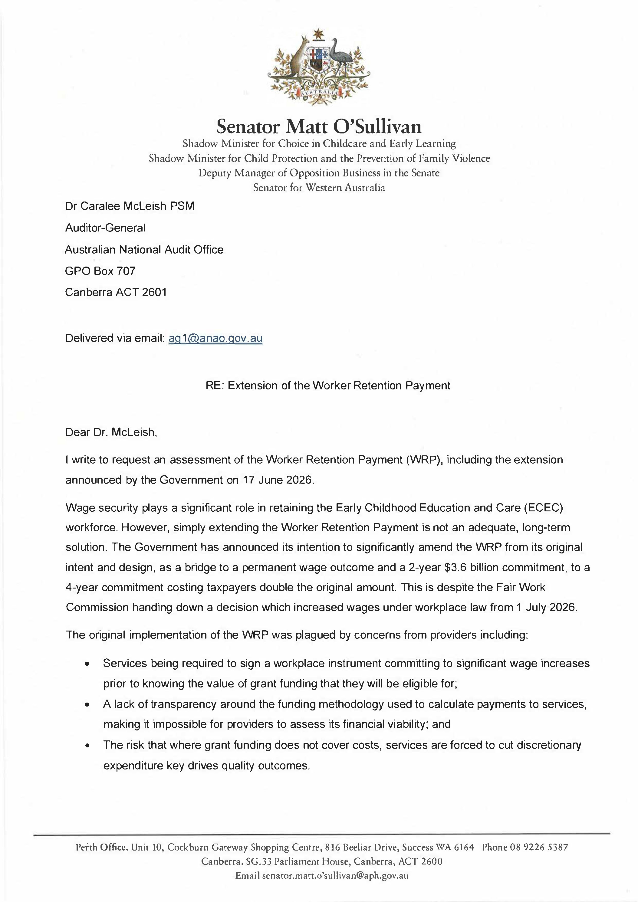 Correspondence from Senator Matt O'Sullivan page 1